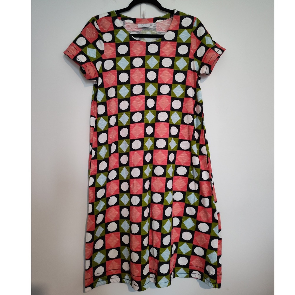 Foil Womens Geometric Print Cotton Short Sleeve Midi T-Shirt Dress Size M
